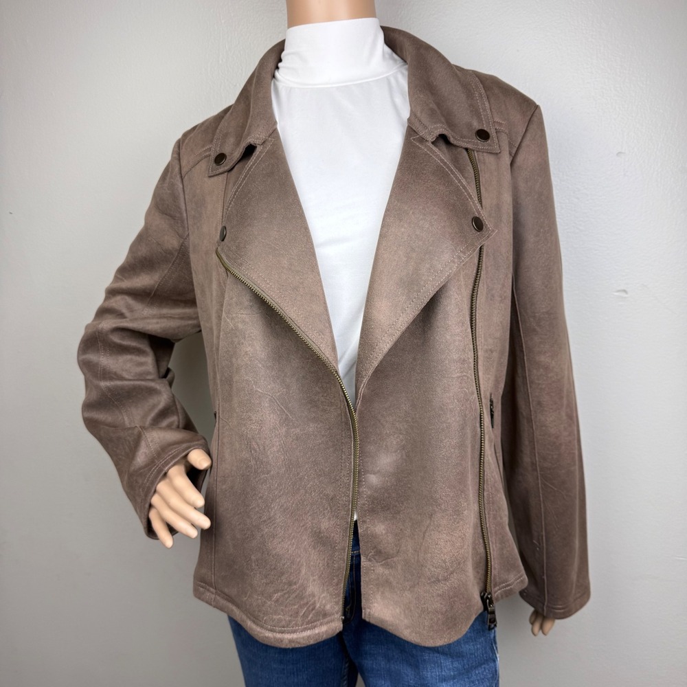 Chicos Elongated $170 Faux Suede Womens Sz 1 (12/14-L) Moto Jacket Coat *READ